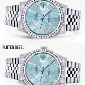 Diamond Mens Rolex Datejust Watch 16200 | 36Mm | Light Blue Roman Numeral Dial | Jubilee Band