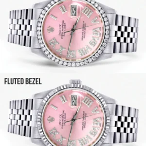 Diamond Mens Rolex Datejust Watch 16200 | 36Mm | Light Pink Roman Numeral Dial | Jubilee Band