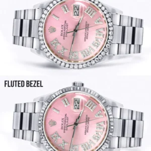 Diamond Mens Rolex Datejust Watch 16200 | 36Mm | Light Pink Roman Numeral Dial | Oyster Band