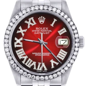 Diamond Mens Rolex Datejust Watch 16200 | 36Mm | Red Black Roman Numeral Dial | Jubilee Band