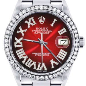 Diamond Mens Rolex Datejust Watch 16200 | 36Mm | Red Black Roman Numeral Dial | Oyster Band