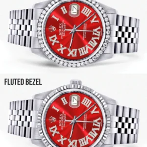 Diamond Mens Rolex Datejust Watch 16200 | 36Mm | Red Roman Numeral Dial | Jubilee Band