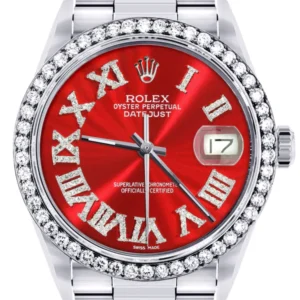 Diamond Mens Rolex Datejust Watch 16200 | 36Mm | Red Roman Numeral Dial | Oyster Band
