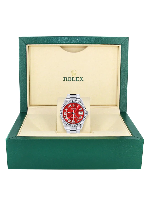 Diamond Mens Rolex Datejust Watch 16200 36Mm Red Roman Numeral Dial Oyster Band 7