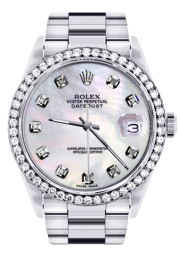 Diamond Mens Rolex Datejust Watch 16200 36Mm White Mother Of Pearl Dial Oyster Band 1