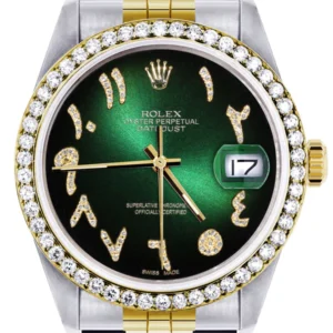 Gold & Steel Rolex Datejust Watch 16233 for Men | 36Mm | Green Black Arabic Diamond Dial | Jubilee Band