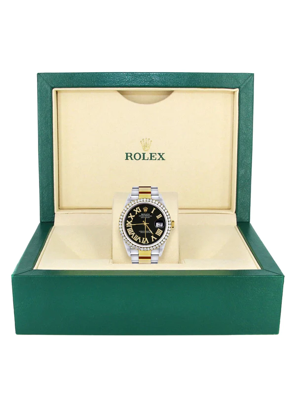 Gold & Steel Rolex Datejust Watch 16233 for Men 36Mm Black Roman Dial Oyster Band 7