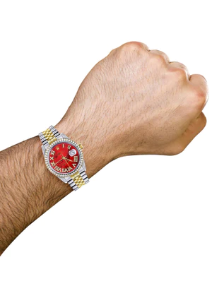 Gold & Steel Rolex Datejust Watch 16233 for Men 36Mm Diamond Red Roman Dial Jubilee Band 6