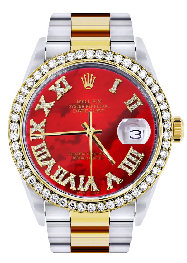 Gold & Steel Rolex Datejust Watch 16233 for Men 36Mm Diamond Red Roman Dial Oyster Band 1