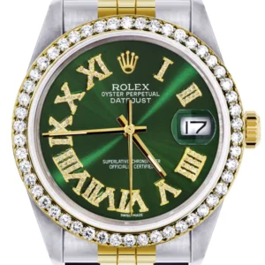 Gold & Steel Rolex Datejust Watch 16233 for Men | 36Mm | Green Roman Dial | Jubilee Band