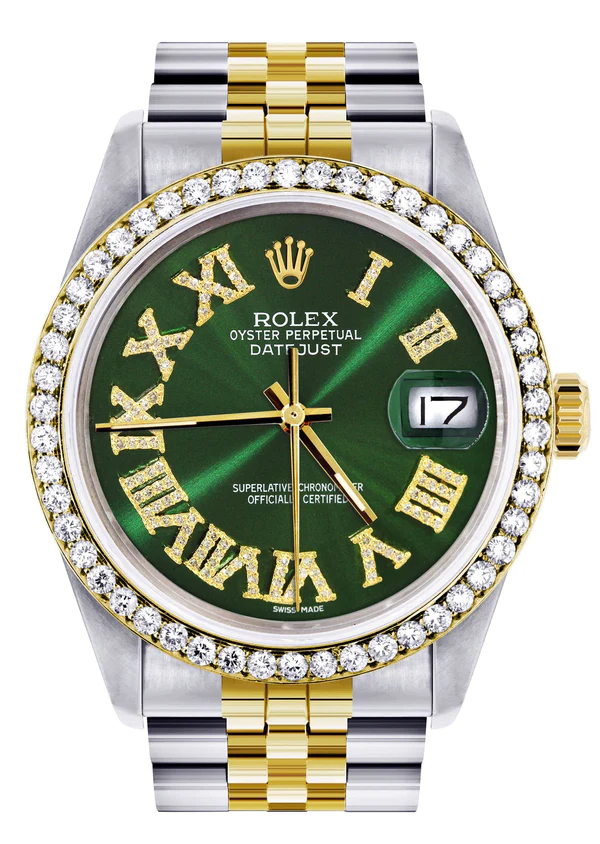 Gold & Steel Rolex Datejust Watch 16233 for Men 36Mm Green Roman Dial Jubilee Band 1