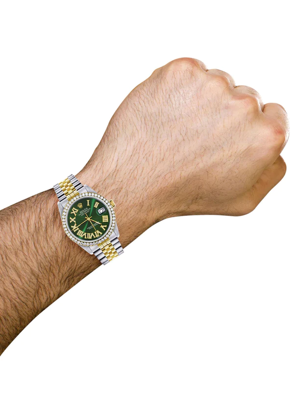 Gold & Steel Rolex Datejust Watch 16233 for Men 36Mm Green Roman Dial Jubilee Band 4