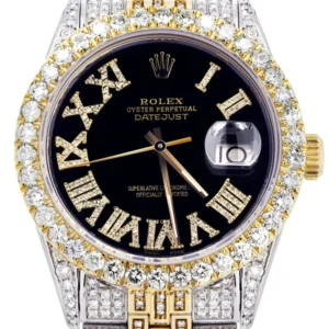 Iced Out Rolex Datejust 36 MM | Two Tone | 10 Carats of Diamonds | Black Roman Diamond Dial