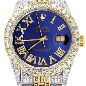 Iced Out Rolex Datejust 36 MM | Two Tone | 10 Carats of Diamonds | Blue Roman Diamond Dial