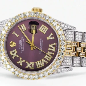 Iced Out Rolex Datejust 36 MM | Two Tone | 10 Carats of Diamonds | Burgandy Roman Diamond Dial