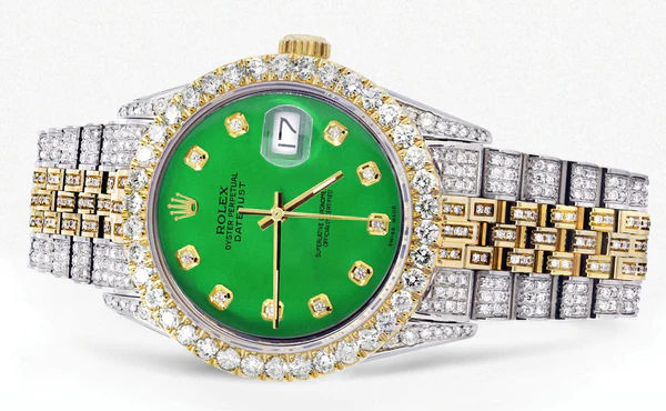 Iced Out Rolex Datejust 36 MM Two Tone 10 Carats of Diamonds Green Diamond Dial 2′