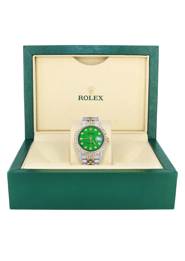 Iced Out Rolex Datejust 36 MM Two Tone 10 Carats of Diamonds Green Diamond Dial 7