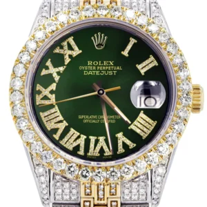 Iced Out Rolex Datejust 36 MM | Two Tone | 10 Carats of Diamonds | Green Roman Diamond Dial