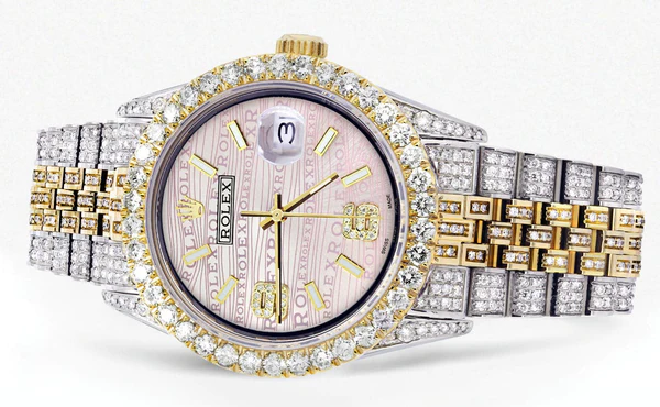 Iced Out Rolex Datejust 36 MM Two Tone 10 Carats of Diamonds Pink Diamond Dial 2