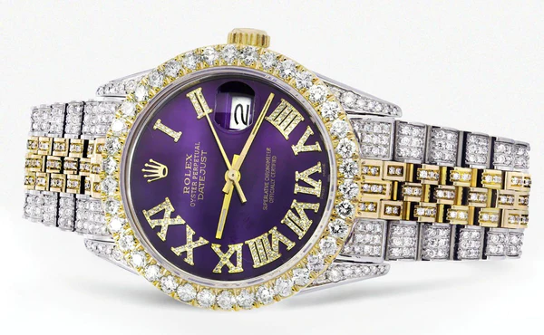 Iced Out Rolex Datejust 36 MM Two Tone 10 Carats of Diamonds Purple Roman Diamond Dial 2