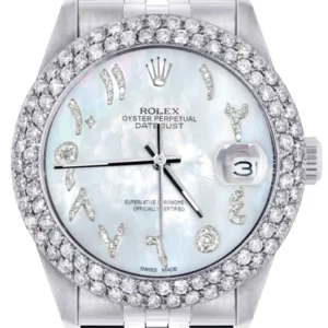 Mens Rolex Datejust Watch 16200 | 36Mm | Mother of Pearl Arabic Diamond Dial | Two Row 4.25 Carat Bezel | Jubilee Band