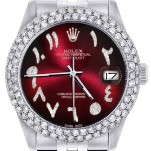 Mens Rolex Datejust Watch 16200 | 36Mm | Red Black Arabic Diamond Dial | Two Row 4.25 Carat Bezel | Jubilee Band