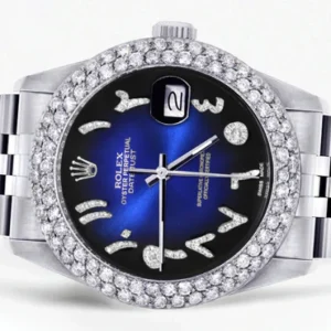 Mens Rolex Datejust Watch 16200 | 36Mm | Blue Black Arabic Diamond Dial | Two Row 4.25 Carat Bezel | Jubilee Band