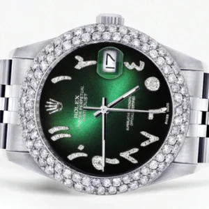 Mens Rolex Datejust Watch 16200 | 36Mm | Green Black Arabic Diamond Dial | Two Row 4.25 Carat Bezel | Jubilee Band
