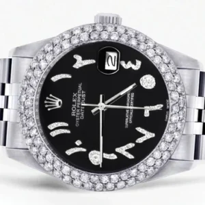 Mens Rolex Datejust Watch 16200 | 36Mm | Black Arabic Diamond Dial | Two Row 4.25 Carat Bezel | Jubilee Band