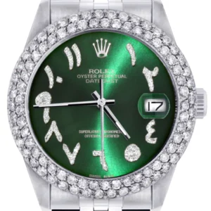 Mens Rolex Datejust Watch 16200 | 36Mm | Green Arabic Diamond Dial | Two Row 4.25 Carat Bezel | Jubilee Band