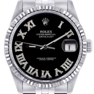 Mens Rolex Datejust Watch 16200 | Fluted Bezel | 36Mm | Black Roman Numeral Dial | Jubilee Band