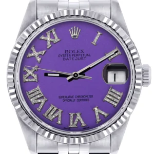 Mens Rolex Datejust Watch 16200 | Fluted Bezel | 36Mm | Purple Roman Numeral Dial | Jubilee Band