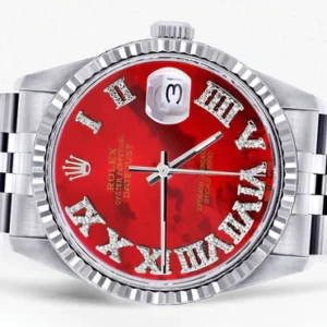 Mens Rolex Datejust Watch 16200 | Fluted Bezel | 36Mm | Red Mother of Pearl Roman Numeral Dial | Jubilee Band