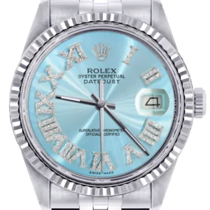 Mens Rolex Datejust Watch 16200 | Fluted Bezel | 36Mm | Aqua Roman Numeral Dial | Jubilee Band