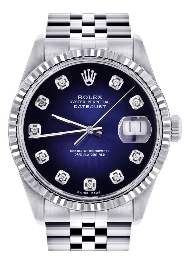 Mens Rolex Datejust Watch 16200 Fluted Bezel 36Mm Blue Black Dial Jubilee Band 1