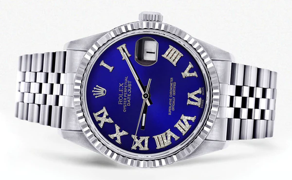 Mens Rolex Datejust Watch 16200 Fluted Bezel 36Mm Blue Roman Numeral Dial Jubilee Band 2