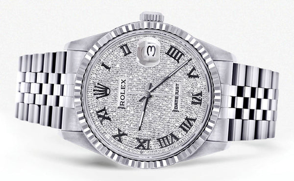 Mens Rolex Datejust Watch 16200 Fluted Bezel 36Mm Diamond Roman Numeral Dial Jubilee Band