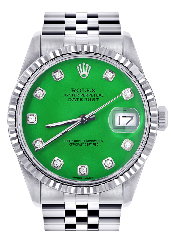 Mens Rolex Datejust Watch 16200 Fluted Bezel 36Mm Green Dial Jubilee Band 1