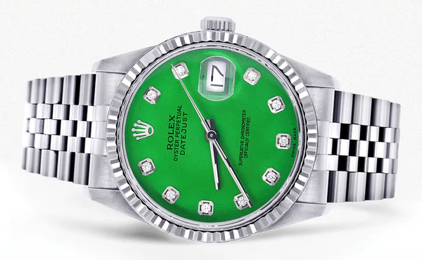 Mens Rolex Datejust Watch 16200 Fluted Bezel 36Mm Green Dial Jubilee Band 2