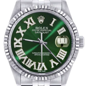 Mens Rolex Datejust Watch 16200 | Fluted Bezel | 36Mm | Green Roman Numeral Dial | Jubilee Band