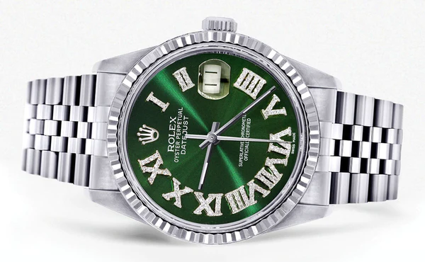 Mens Rolex Datejust Watch 16200 Fluted Bezel 36Mm Green Roman Numeral Dial Jubilee Band 2