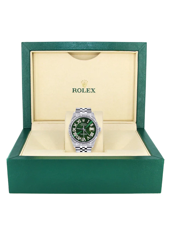 Mens Rolex Datejust Watch 16200 Fluted Bezel 36Mm Green Roman Numeral Dial Jubilee Band 6