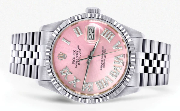 Mens Rolex Datejust Watch 16200 Fluted Bezel 36Mm Pink Roman Numeral Dial Jubilee Band 2