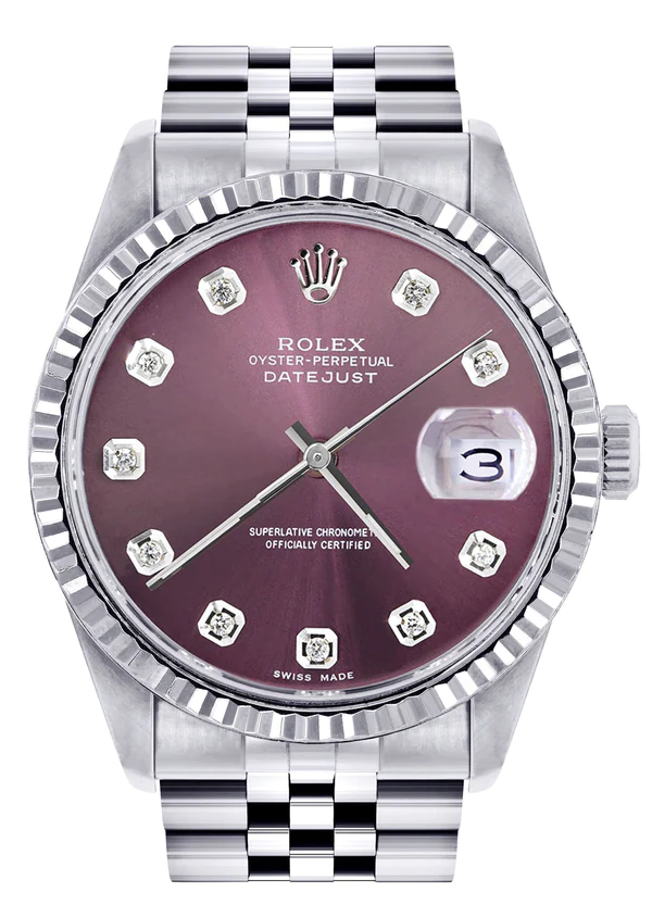 Mens Rolex Datejust Watch 16200 Fluted Bezel 36Mm Purple Dial Jubilee Band 1