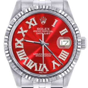 Mens Rolex Datejust Watch 16200 | Fluted Bezel | 36Mm | Red Roman Numeral Dial | Jubilee Band