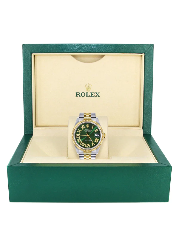 Mens Rolex Datejust Watch 16233 Two Tone 36Mm Green Roman Dial Jubilee Band 6