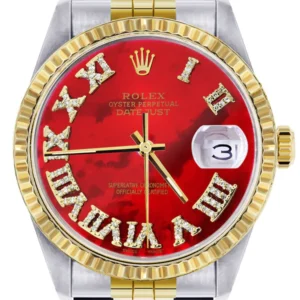Mens Rolex Datejust Watch 16233 Two Tone | 36Mm | Red Mother of Pearl Roman Dial | Jubilee Band