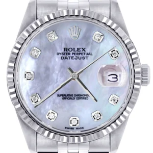 Mens Rolex Datejust Watch 16200 | Fluted Bezel | 36Mm | Light Blue Mother of Pearl Dial | Jubilee Band