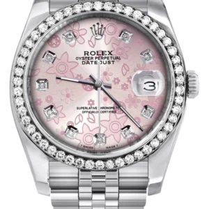 116200 | Hidden Clasp | Diamond Rolex Datejust Watch | 36MM | Pink Flower Diamond Dial | Jubilee Band