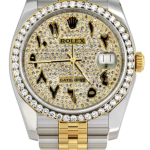 116233 | Hidden Clasp | Diamond Gold Rolex Watch For Men | 36Mm | Black Arabic Full Diamond Dial | Jubilee Band